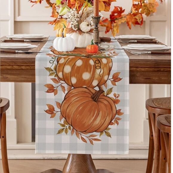 Pumpkin Leaves Fall Table Runner, Thanksgiving Harvest Farmhouse  - 13x72 Inch - Picture 1 of 5